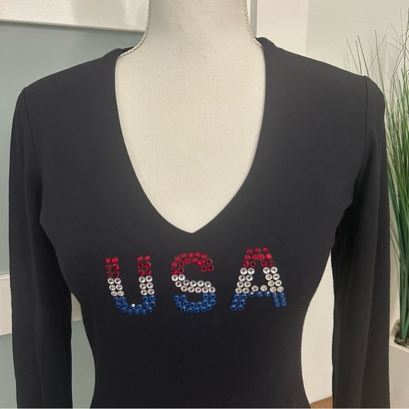 Vintage Cache Navy Blue V-Neck Top USA Rhinestones Medium July 4th EUC Made USA - Picture 3 of 8